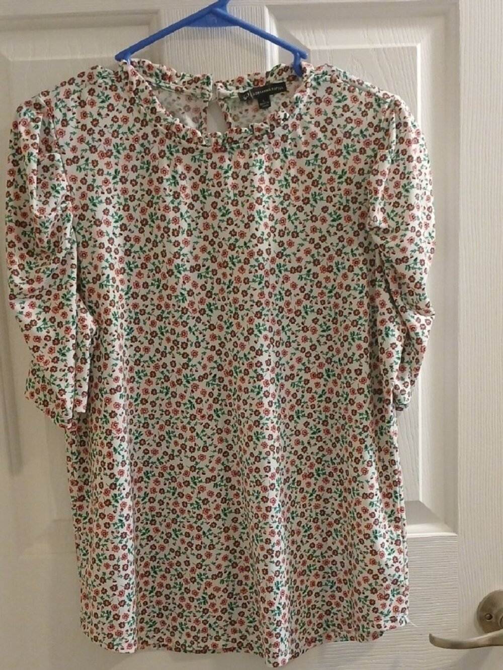 White Blouse with Red & Green Floral Print